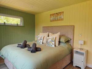 a bedroom with a large bed with green walls at 1 Bed in Conwy 95098 in Llangelynin