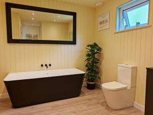 a bathroom with a tub and a toilet and a mirror at 1 Bed in Conwy 95098 in Llangelynin +10 photos