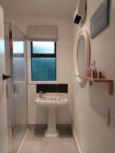 a bathroom with a sink and a mirror and a shower at Nautical Nest in Bluff