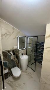 a bathroom with a toilet and a sink and mirror at AWA boutique in Voluntari +48 photos