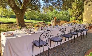 a long white table with chairs in a park at La Palazzina in Val d'Orcia in Radicofani