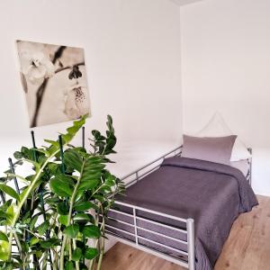 a small bed in a room with a plant at Holle - Land Holidays, parterre Ferienwohnung in Lichtenau