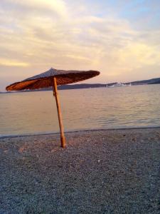 a straw umbrella on the beach near the water at Studio apartman sirena in Zadar