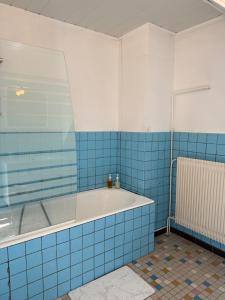 a blue tiled bathroom with a tub and a shower at La chambre clé de la forêt in Métairies-Saint-Quirin