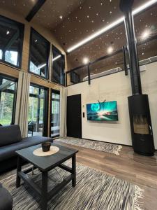 a living room with a couch and a tv at Villa Syöte in Syöte