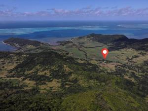 a red balloon flying over a mountain with the ocean at Le Chalet, at La Petite Ferme in Vieux Grand Port