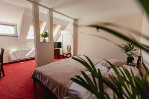 a bedroom with a bed with a plant in the foreground at Hotel Aslan in Tarnowskie Góry