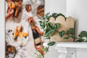 a potted plant sitting on a mantle in front of a wall at The Piccolo Cottage in Hobart