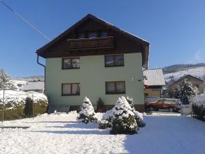 a small house with snow on the ground at Penzión U Aleny in Ždiar