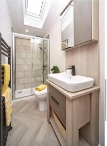 a bathroom with a white sink and a toilet at 7b Oakwood village in Wilberfoss