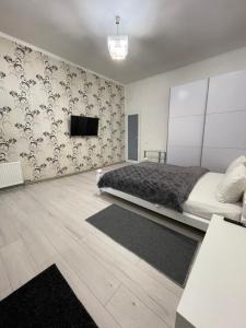 ヴィーンヌィツャにあるCenter apartmentのベッドと薄型テレビのある寝室