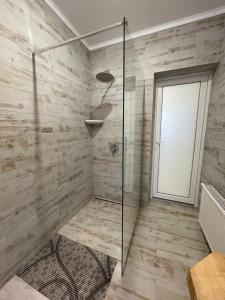 ヴィーンヌィツャにあるCenter apartmentのガラスドア付きのシャワー付きのバスルーム +2枚の写真