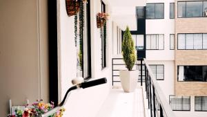 a balcony with potted plants on a building at Casa Nostra in Quito