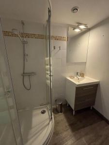 a bathroom with a shower and a sink and a mirror at Maison de charme à Mérindol + Jardin in Mérindol