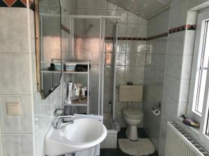 a bathroom with a sink and a toilet at Freistehendes Haus mit grossem Garten zur alleinigen Nutzung in Großkrotzenburg +18 photos