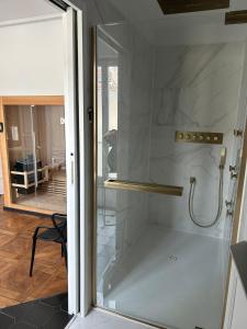 a bathroom with a shower with a glass door at Gîte Vosges en Ville luxueux appartement Duplex avec sauna espace bien être au centre d'Epinal in Épinal