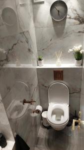 La salle de bains est pourvue de toilettes et d'une horloge murale. dans l'établissement Luxe on Dolev, à Bet Shemesh