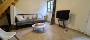 a living room with a couch and a tv at Petit Chai au coeur de village in Saint-Christophe-des-Bardes +13 photos