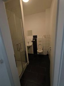 a small bathroom with a toilet and a shower at Monteur-Apartment am Bahnhof in Muhlheim am Main