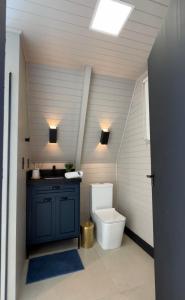 a bathroom with a toilet and a sink with lights at Cabana Flor do Sol in Luzerna +34 photos