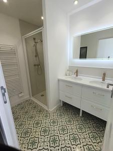 une salle de bain avec un lavabo, un miroir et une douche dans l'établissement APPARTEMENT 4 CHAMBRES loft industriel, à Cholet 4 autres photos