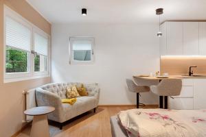 sala de estar con silla y mesa y cocina en Appartment Heidi, en Nova Ponente 17 fotos más