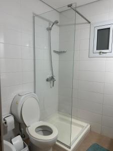 a bathroom with a toilet and a glass shower at Departamento Soles in Posadas +15 photos