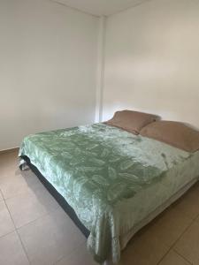 a bed with a green comforter in a room at Departamento Soles in Posadas