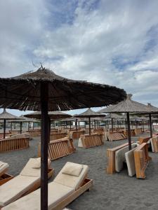 a group of chairs and umbrellas on a beach at Velipoja Dream Villa in Velipojë