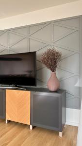 eine Vase auf einem Tisch neben einem TV in der Unterkunft AMAO Grey - 86 m2 Apartment - Balcony - King-Size Beds - Free Parking - Near Europa-Park - Up to 12 Guests with 2 Units in Rheinhausen