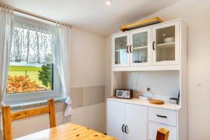 a small kitchen with a table and a window at Pur Wohnen - Wohnung Fernsicht in Niederreutern