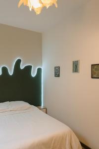 a bedroom with a bed and a chandelier at Chambre privée "verte" - Maison partagée in Amiens