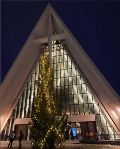 a christmas tree in front of a building at Central studio apartment in Tromsø