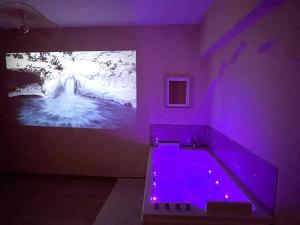 a purple room with a tub with a painting on the wall at Les 1001 nuits in Albi