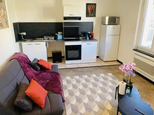 a living room with a couch and a kitchen at L'escale Urbaine avec fibre internet 4 pers Confort & Emplacement Idéal in Marmande +9 photos