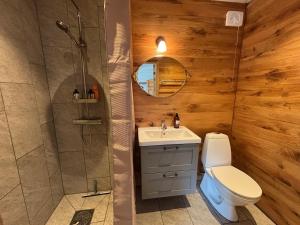 a bathroom with a shower and a toilet and a sink at Bäckdalens Bed and Breakfast & Café in Båstad
