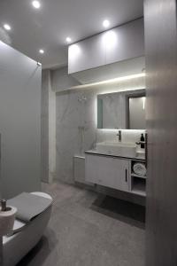 ein Badezimmer mit Waschbecken, Toilette und Spiegel in der Unterkunft Cozy Loft Monastiraki in Athen + 25 Fotos
