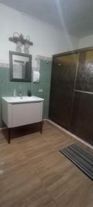 Un baño con lavabo y ducha grande. en Boquete Guest House, en Alto Boquete
