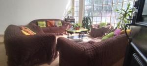 sala de estar con sillas de mimbre y ventana en Boquete Guest House, en Alto Boquete