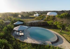 an overhead view of a swimming pool with two umbrellas at Posada Ayana - Adults Only in José Ignacio
