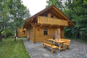 a log cabin with a picnic table in front of it at Roubenka pod pralesem in Dolní Lomná