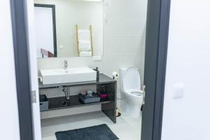 a bathroom with a sink and a toilet and a mirror at MCM Matur Flats 2, 11 Duplex in Santa Cruz +10 photos
