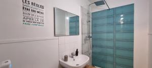 une salle de bain avec un lavabo et un miroir dans l'établissement T1 rénové 26m2 cosy confort !, à Anzin 15 autres photos