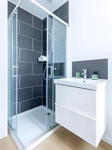 ein Badezimmer mit Dusche und weißem Waschbecken in der Unterkunft Bright & Charming Apartment in Brussels, Heart of Saint-Gilles in Brüssel