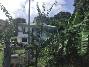 a white house with a green roof at Villa du coeur in Deshaies
