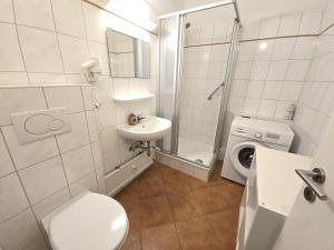 ブラズィリアンにあるFerienwohnung "Deichwind" in Holm an der Ostseeのトイレと洗濯機を備えたバスルーム +9枚の写真