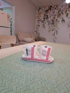 zwei Kaffeetassen auf Tellern auf einem Tisch in der Unterkunft Complejo Los Azahares in Presidencia Roque Sáenz Peña