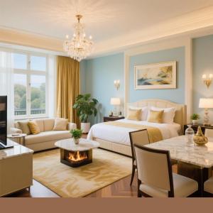 ベオグラードにあるBG Apartmentのベッドとリビングルームのある寝室