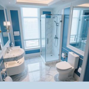 ベオグラードにあるBG Apartmentのシャワー、トイレ、洗面台を備えたバスルーム