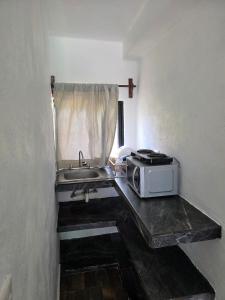 a small kitchen with a sink and a microwave at La Casita de Uribe in Valladolid